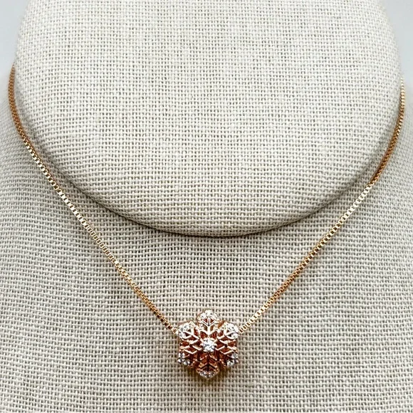 NWOT Sterling silver 18k rose gold plated snowflake necklace pendant 18” - Picture 2 of 10